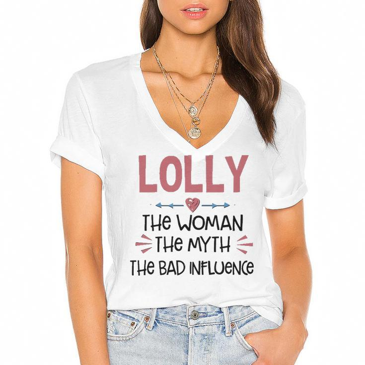 Lolly Grandma Gift   Lolly The Woman The Myth The Bad Influence Women's Jersey Short Sleeve Deep V-Neck Tshirt