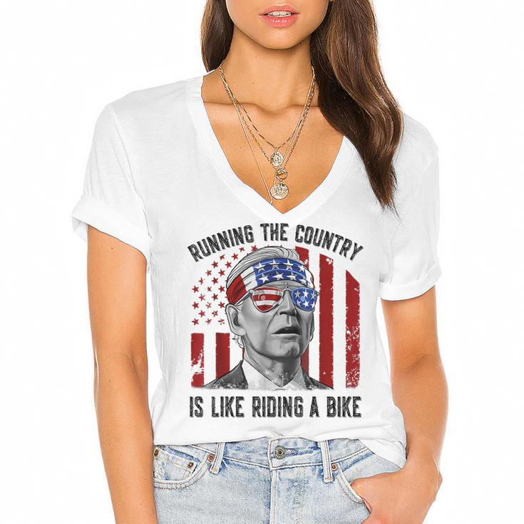 Merry 4Th Of July Joe Biden Falling Off His Bicycle Funny  Women's Jersey Short Sleeve Deep V-Neck Tshirt