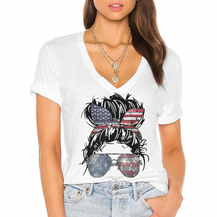 Messy Bun American Flag Glasses 4Th Of July Patriotic  Women's Jersey Short Sleeve Deep V-Neck Tshirt