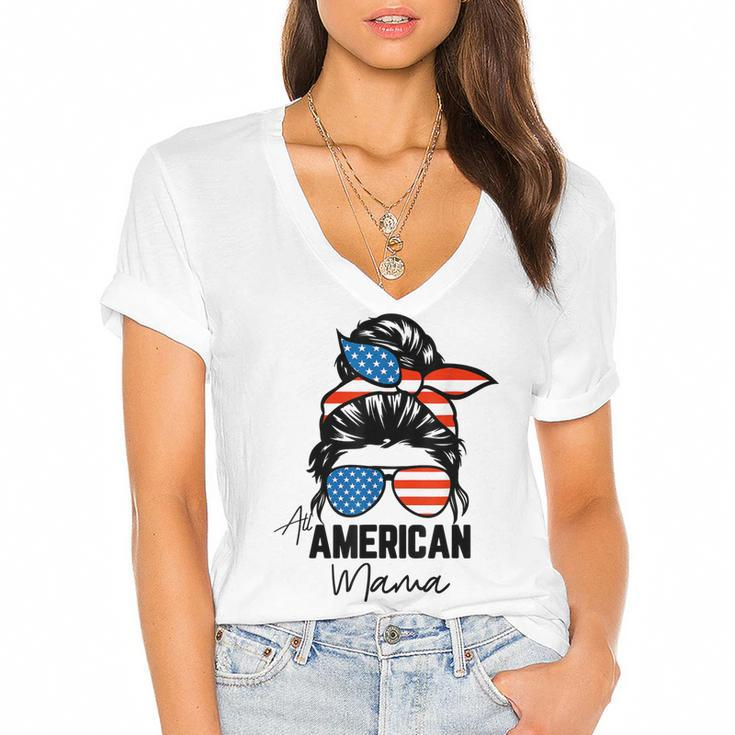 Messy Bun Patriotic  | All American Mama 4Th Of July  Women's Jersey Short Sleeve Deep V-Neck Tshirt