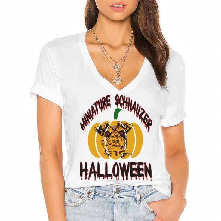 Miniature Schnauzer Halloween On All Hallows Night Women's Jersey Short Sleeve Deep V-Neck Tshirt