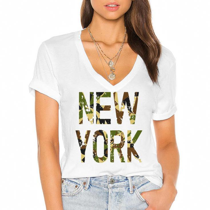 New York Camo Distressed Gift Women's Jersey Short Sleeve Deep V-Neck Tshirt