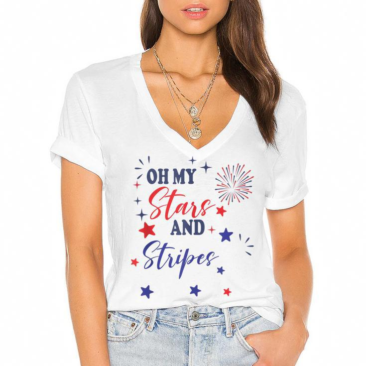 Oh My Stars And Stripes  July 4Th Patriotic Fireworks  Women's Jersey Short Sleeve Deep V-Neck Tshirt