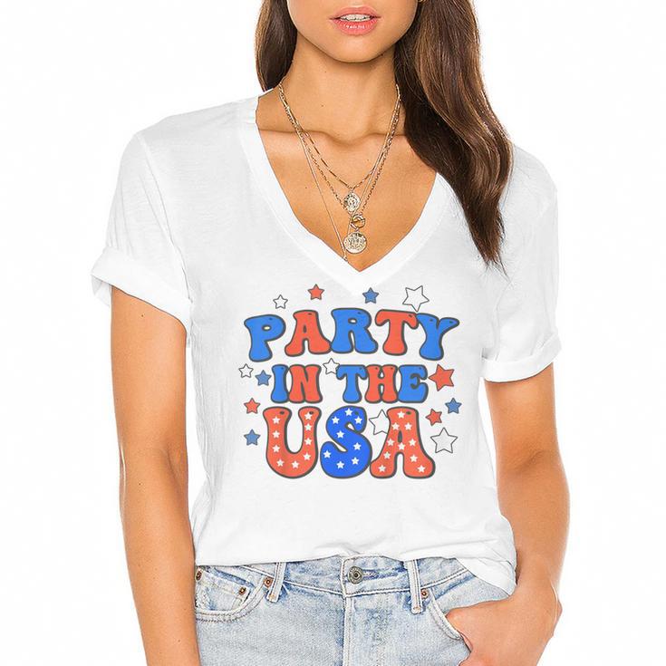 Party In The Usa 4Th Of July Independence Day  Women's Jersey Short Sleeve Deep V-Neck Tshirt