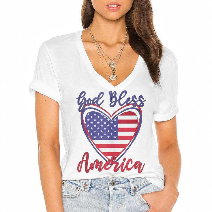 Patriotic 4Th Of July Heart For Women Cute God Bless America  Women's Jersey Short Sleeve Deep V-Neck Tshirt