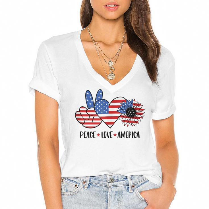 Patriotic 4Th Of July Peace Love America  Women's Jersey Short Sleeve Deep V-Neck Tshirt