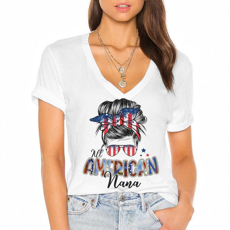 Patriotic Nana 4Th Of July Messy Bun Independence Day  Women's Jersey Short Sleeve Deep V-Neck Tshirt