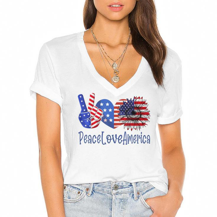 Peace Love America 4Th July Patriotic Sunflower Heart Sign  V3 Women's Jersey Short Sleeve Deep V-Neck Tshirt