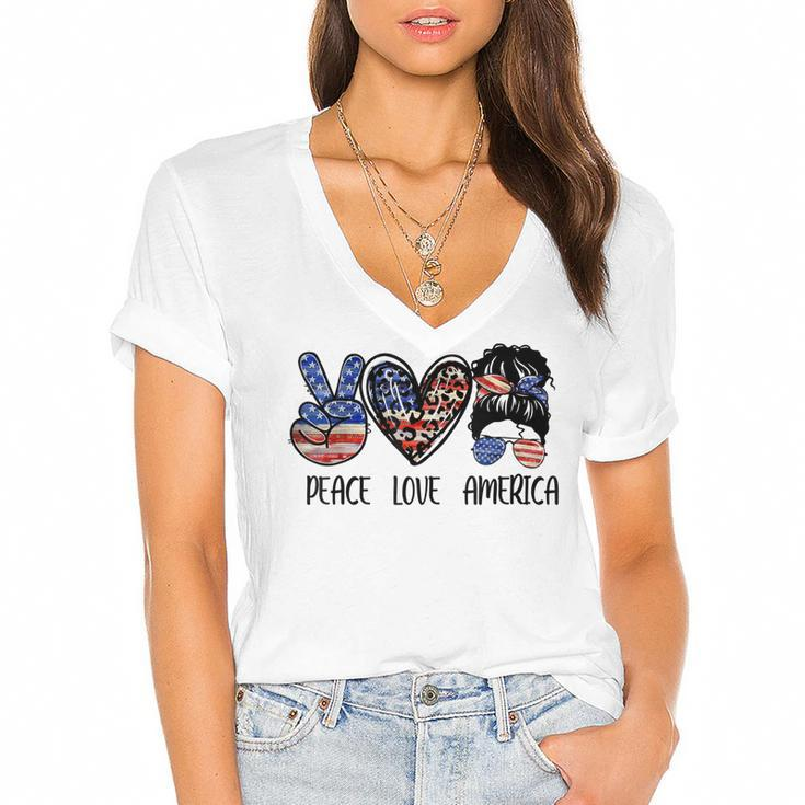 Peace Love America Messy Bun American Flag Funny 4Th Of July  Women's Jersey Short Sleeve Deep V-Neck Tshirt