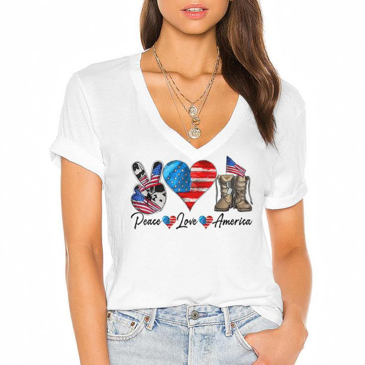 Peace Love America Vintage 4Th Of July Western America Flag  Women's Jersey Short Sleeve Deep V-Neck Tshirt