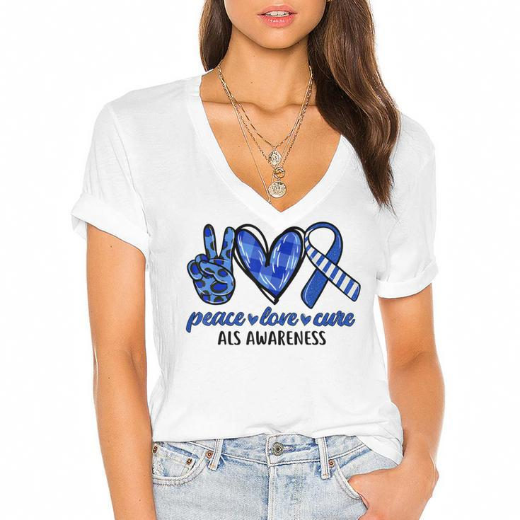 Peace Love Cure Blue & White Ribbon Als Awareness Month  V2 Women's Jersey Short Sleeve Deep V-Neck Tshirt