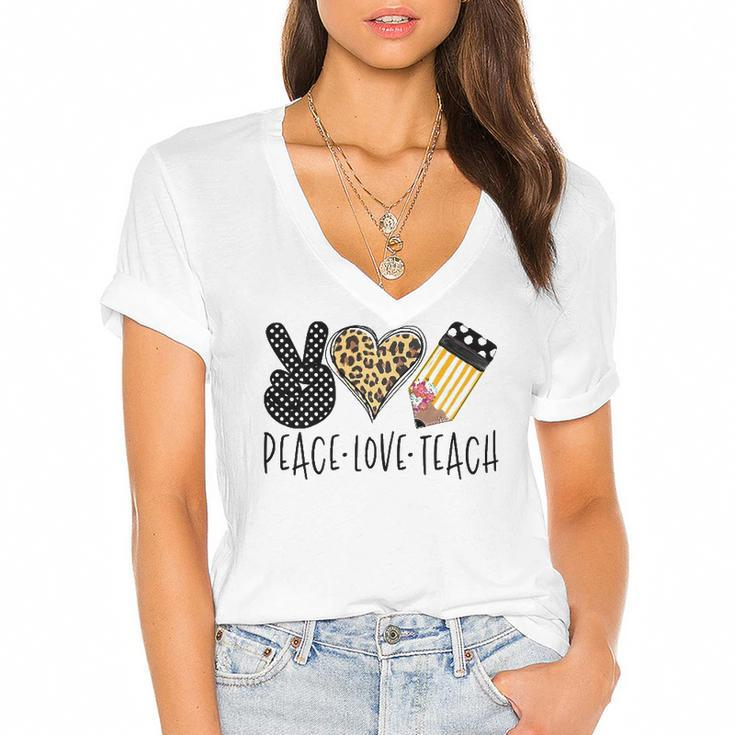 Peace Love Teach Back To School Teacher Gift  Women's Jersey Short Sleeve Deep V-Neck Tshirt