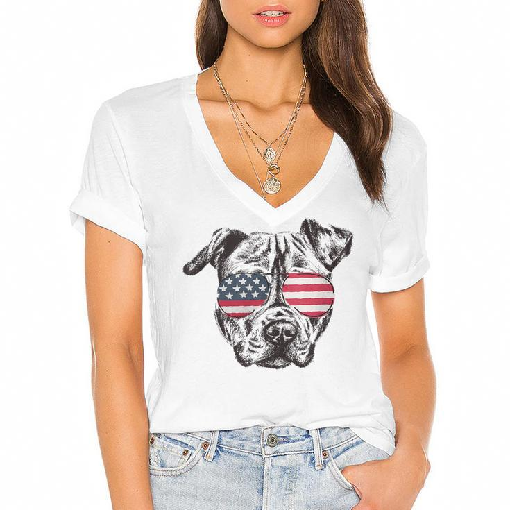 Pitbull 4Th Of July Sunglasses American Flag Patriotic  Women's Jersey Short Sleeve Deep V-Neck Tshirt