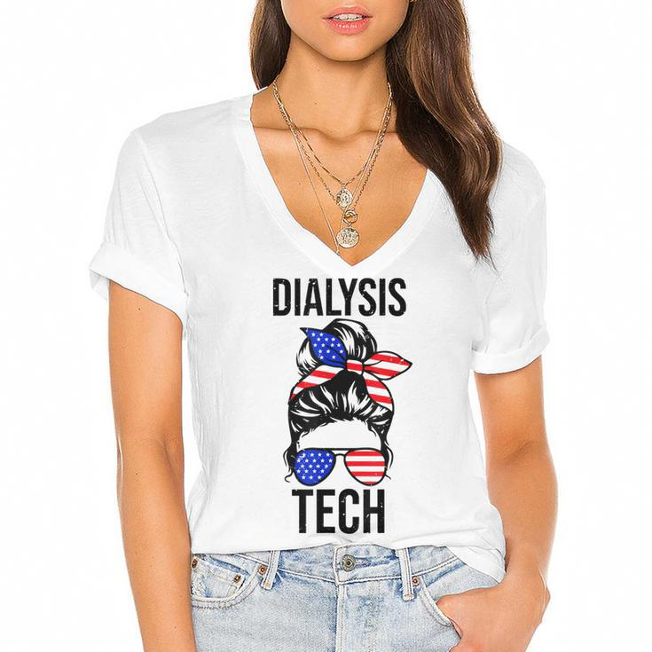 Proud Messy Bun American Dialysis Tech Nurse 4Th Of July Usa  Women's Jersey Short Sleeve Deep V-Neck Tshirt