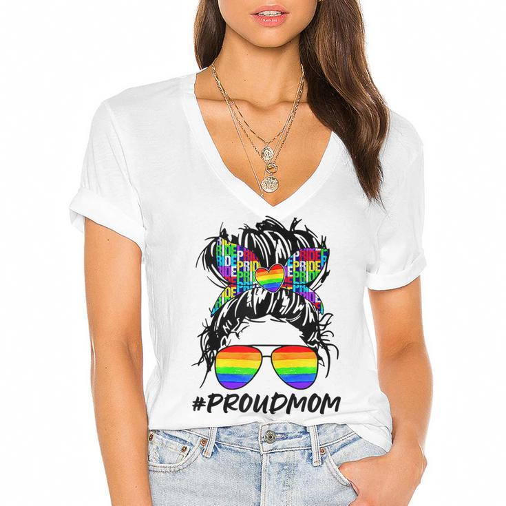 Proud Mom Lgbt  Gay Pride Messy Bun Rainbow Lgbtq  Women's Jersey Short Sleeve Deep V-Neck Tshirt