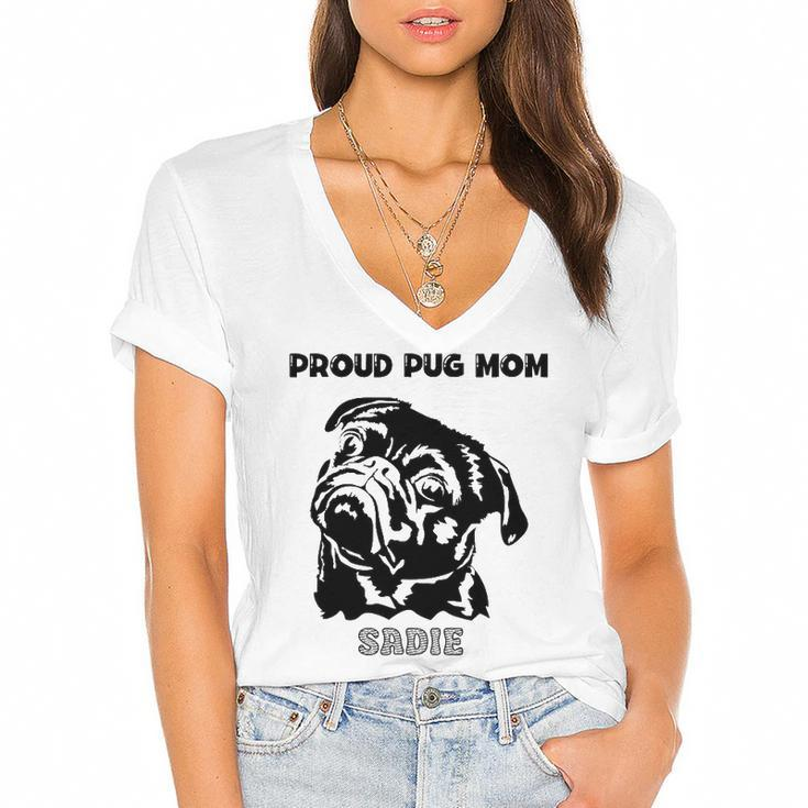 Proud Pug Mom With Pug Portrait Women's Jersey Short Sleeve Deep V-Neck Tshirt