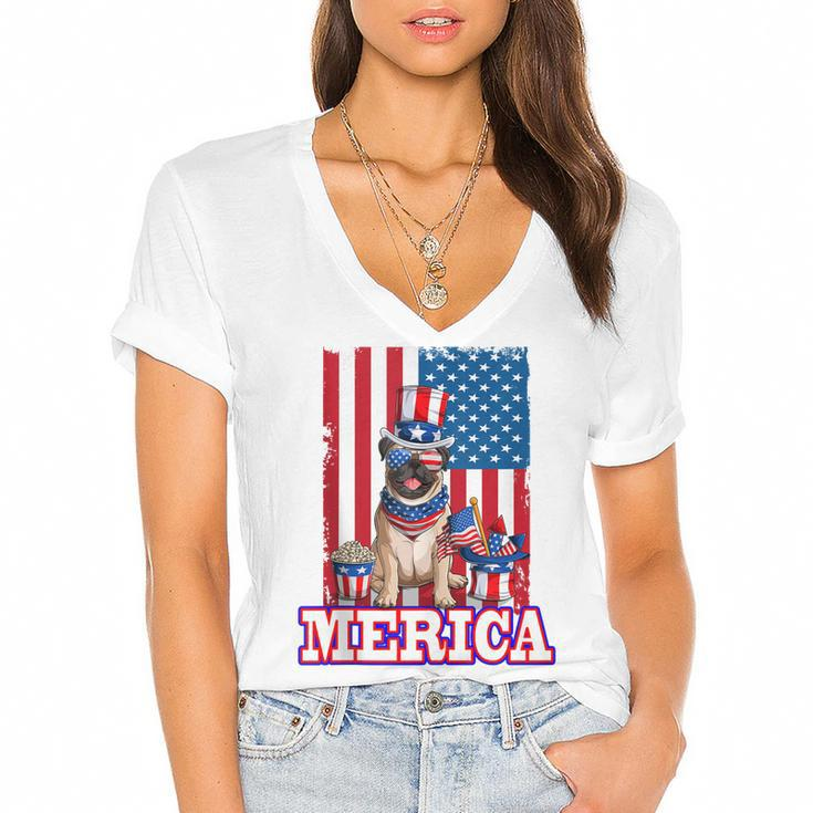 Pug Dad Mom 4Th Of July American Flag Merica Dog  Women's Jersey Short Sleeve Deep V-Neck Tshirt