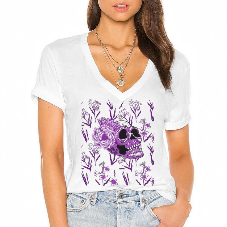Purple Skull Flower Cool Floral Scary Halloween Gothic Theme Women's Jersey Short Sleeve Deep V-Neck Tshirt