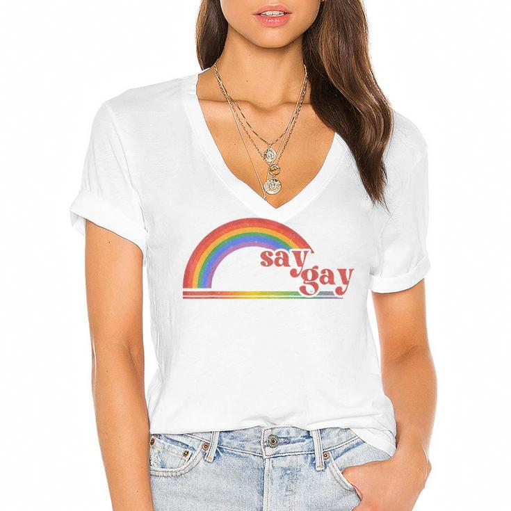 Rainbow Say Gay Protect Queer Kids Pride Month Lgbt  Women's Jersey Short Sleeve Deep V-Neck Tshirt