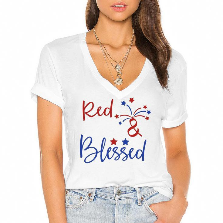 Red White Blessed  4Th Of July Cute Patriotic America Women's Jersey Short Sleeve Deep V-Neck Tshirt