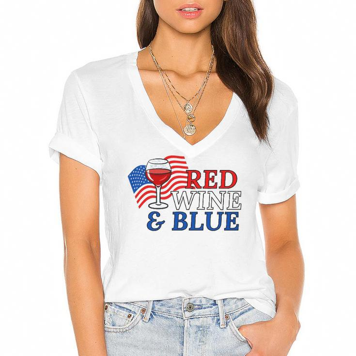 Red Wine & Blue Us Flag 4Th Of July Women's Jersey Short Sleeve Deep V-Neck Tshirt