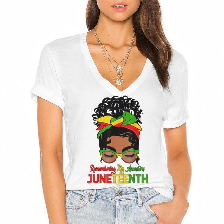 Remembering My Ancestors Juneteenth Black Women Messy Bun   Women's Jersey Short Sleeve Deep V-Neck Tshirt