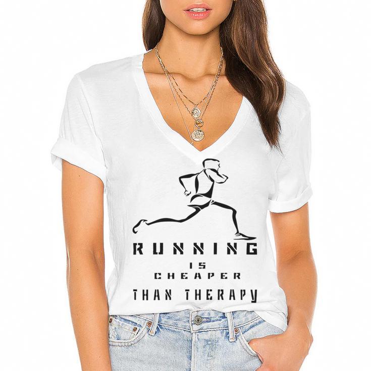 Running Is Cheaper Than Therapy  A Celebration Of Running Women's Jersey Short Sleeve Deep V-Neck Tshirt