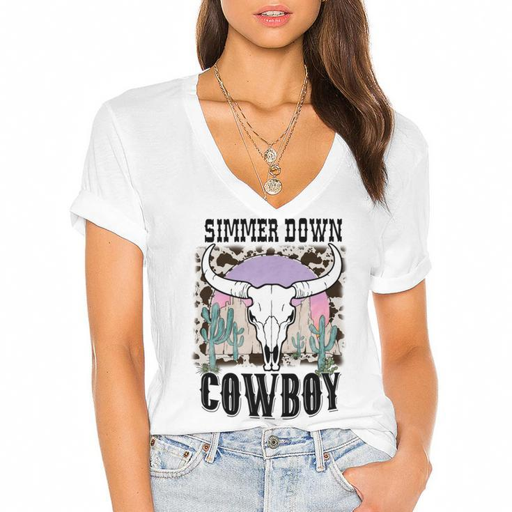 Simmer Down Cowboy Western Style Gift Women's Jersey Short Sleeve Deep V-Neck Tshirt