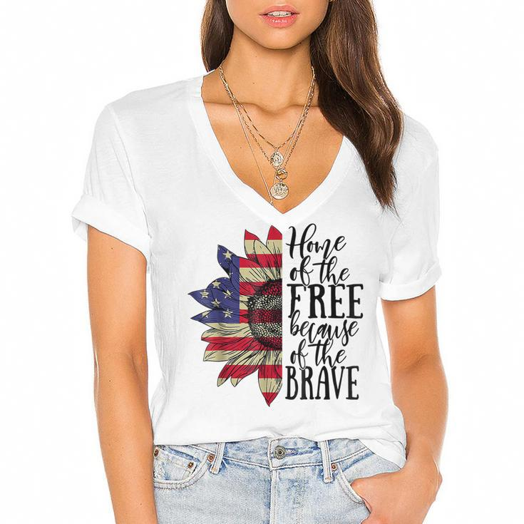 Sunflower Home Of The Free Because Of The Brave 4Th Of July  V2 Women's Jersey Short Sleeve Deep V-Neck Tshirt