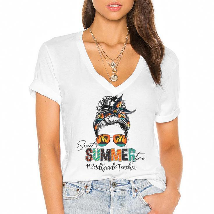 Sweet Summer Time 2Nd Grade Teacher Messy Bun Beach Vibes Women's Jersey Short Sleeve Deep V-Neck Tshirt