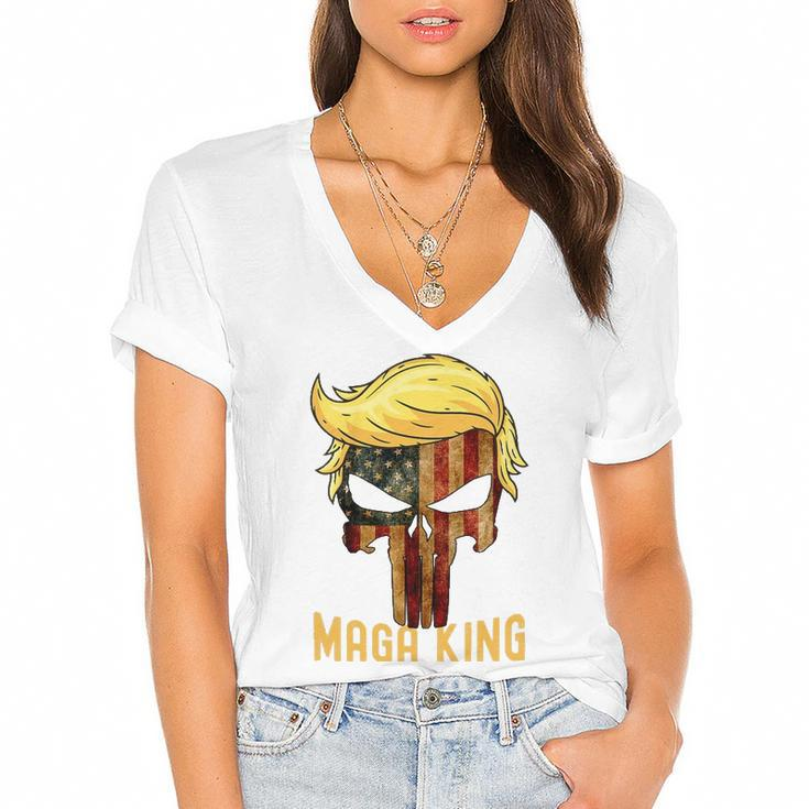 The Great Maga King  Donald Trump Skull Maga King Women's Jersey Short Sleeve Deep V-Neck Tshirt