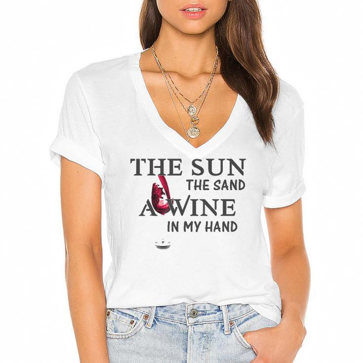 The Sun The Sand A Wine In My Hand Women's Jersey Short Sleeve Deep V-Neck Tshirt