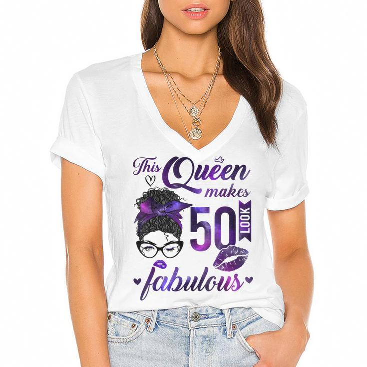 This Queen Makes 50 Look Fabulous 50Th Birthday Messy Bun  Women's Jersey Short Sleeve Deep V-Neck Tshirt