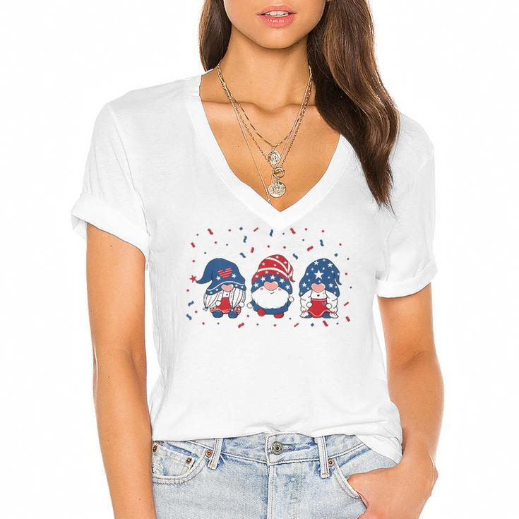 Three Gnomes Celebrating Independence Usa Day 4Th Of July  Women's Jersey Short Sleeve Deep V-Neck Tshirt