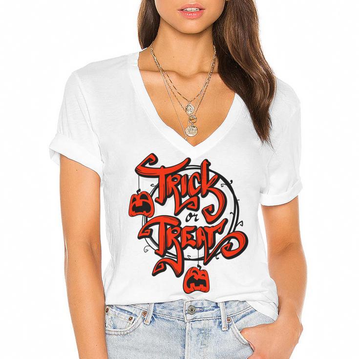 Trick Or Treat Halloween 150 Shirt Women's Jersey Short Sleeve Deep V-Neck Tshirt