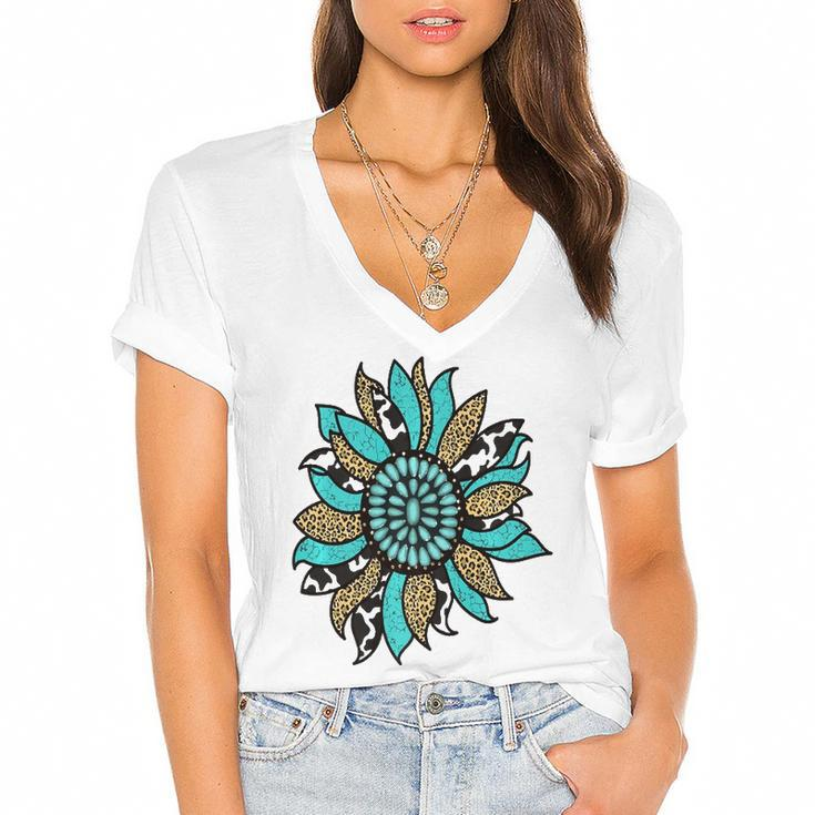 Turquoise Rodeo Decor Graphic Sunflower  Women's Jersey Short Sleeve Deep V-Neck Tshirt