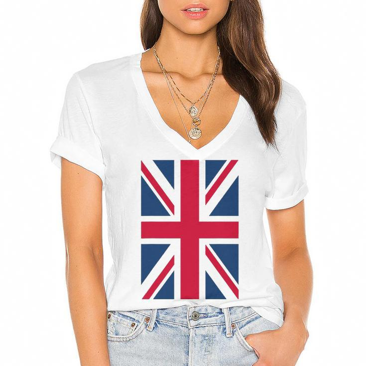 Uk Women Men Cool Vertical British Union Jack Flag Women's Jersey Short Sleeve Deep V-Neck Tshirt