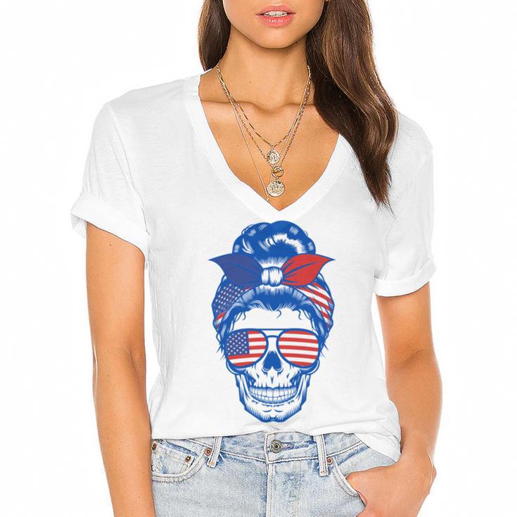 Ultra Maga Red White Blue Skull Women's Jersey Short Sleeve Deep V-Neck Tshirt