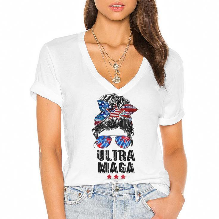 Ultra Mega Messy Bun 2022 Proud Ultra-Maga We The People  Women's Jersey Short Sleeve Deep V-Neck Tshirt