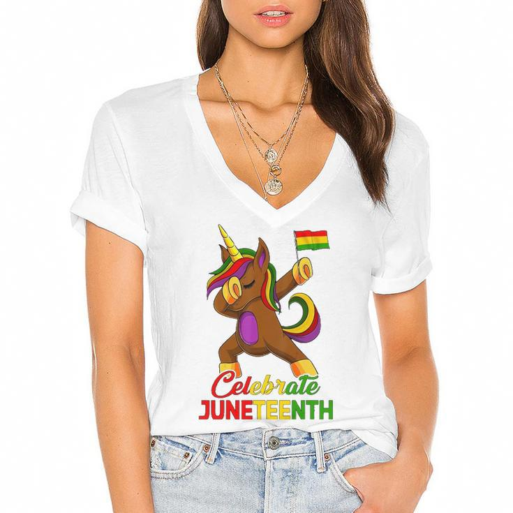 Unicorn Dabbing Juneteenth Celebrate Black Women Girls Kids Women's Jersey Short Sleeve Deep V-Neck Tshirt