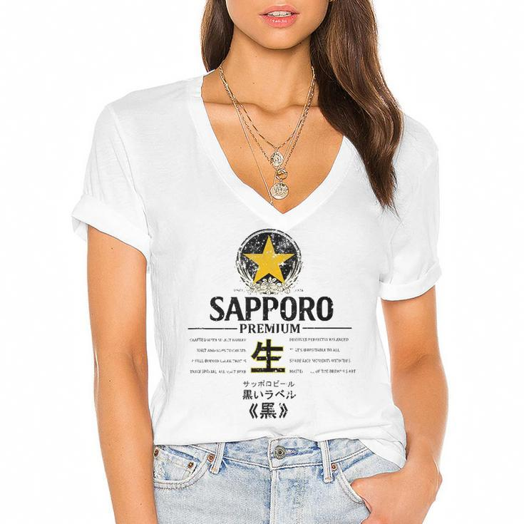 Vintage Japanese Craft Beer Label Poster Women's Jersey Short Sleeve Deep V-Neck Tshirt