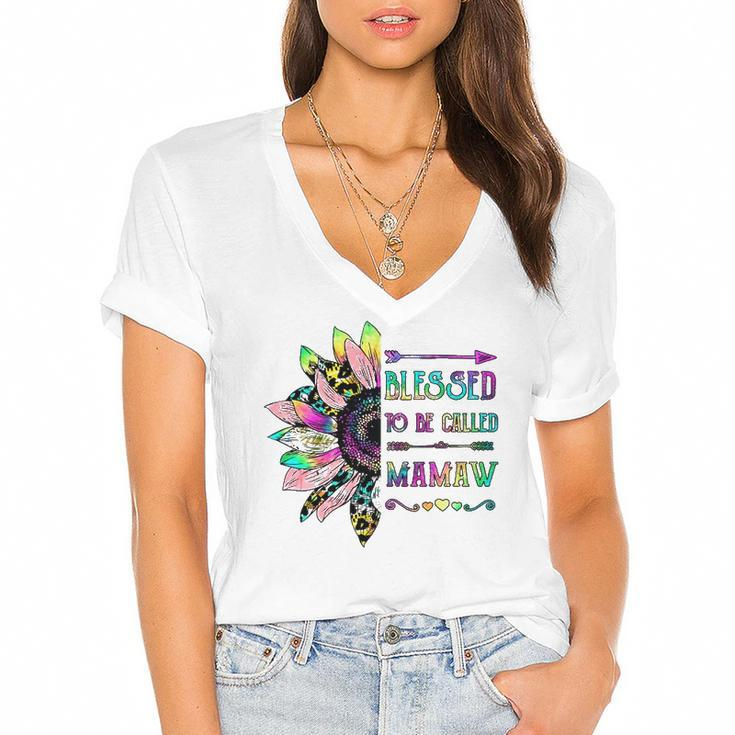 Women Blessed To Be Called Mamaw Sunflower Mothers Day Women's Jersey Short Sleeve Deep V-Neck Tshirt