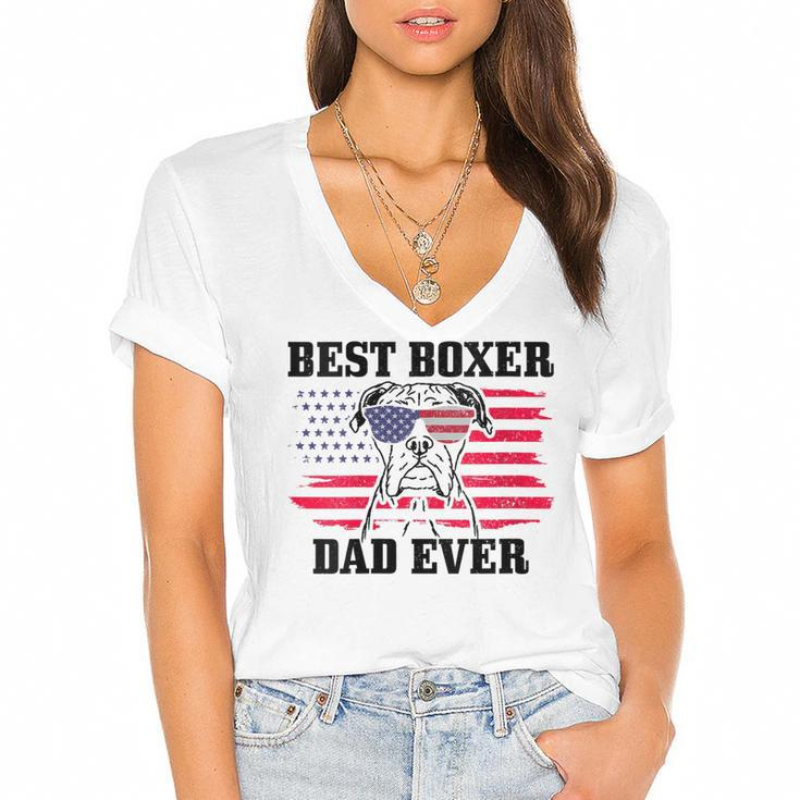 Womens Best Boxer Dad Ever Dog Patriotic 4Th Of July American Flag  Women's Jersey Short Sleeve Deep V-Neck Tshirt