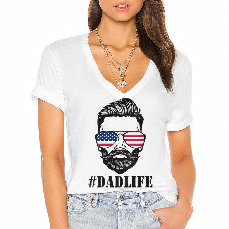 Womens Dad Life Sunglasses American Flag Fathers Day 4Th Of July  Women's Jersey Short Sleeve Deep V-Neck Tshirt