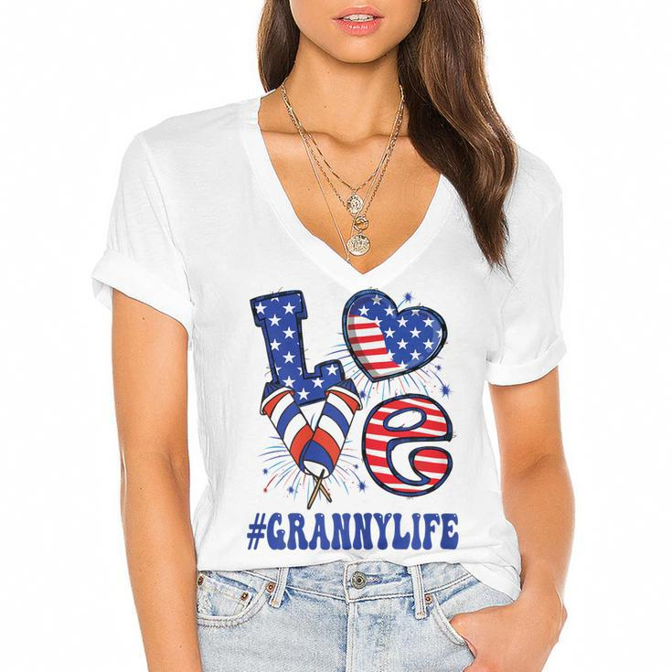 Womens Granny Love Usa Flag Grandma 4Th Of July Family Matching  Women's Jersey Short Sleeve Deep V-Neck Tshirt