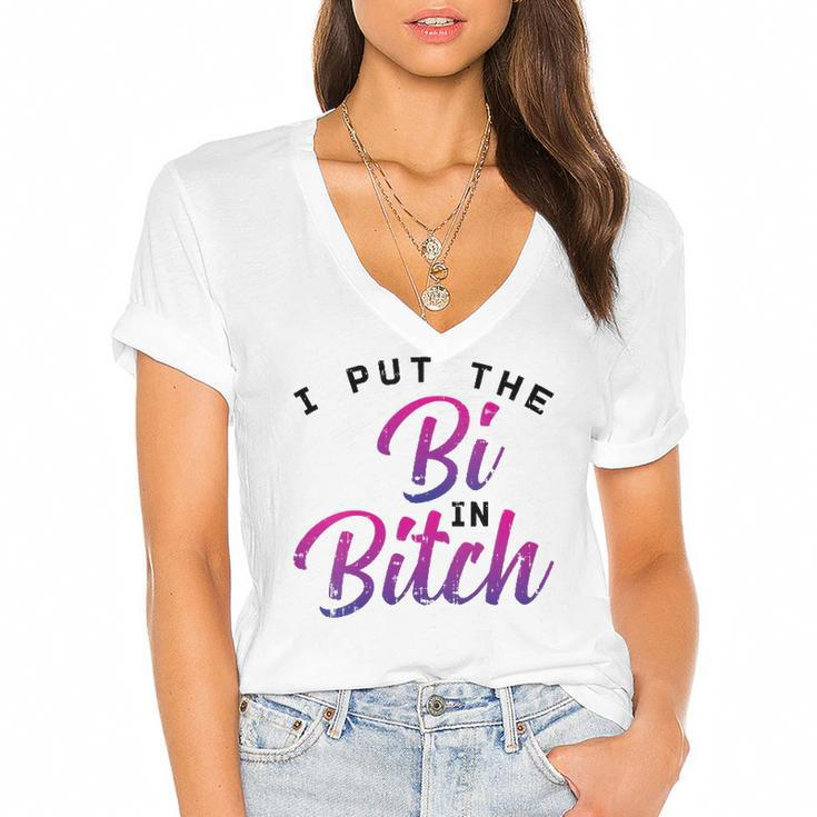 Womens I Put The Bi In Bitch Funny Bisexual Pride Flag Lgbt Gift  Women's Jersey Short Sleeve Deep V-Neck Tshirt