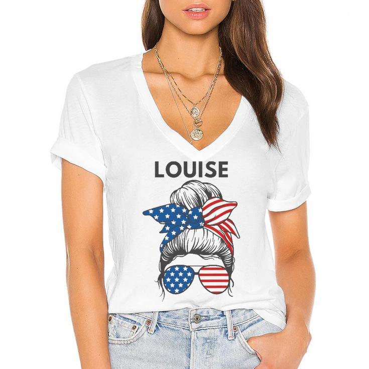 Womens Louise Name  Patriotic Messy Hair Bun Flag Sunglasses Women's Jersey Short Sleeve Deep V-Neck Tshirt
