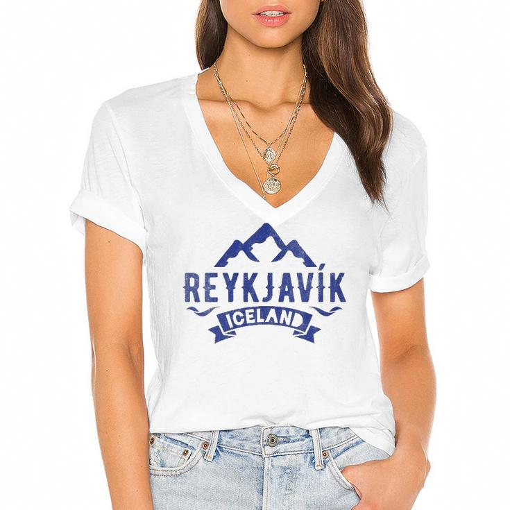 Womens Vintage Reykjavik Iceland With Glaciers Women's Jersey Short Sleeve Deep V-Neck Tshirt