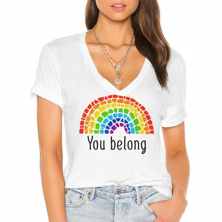 You Belong Lgbtq Rainbow Gay Pride  V2 Women's Jersey Short Sleeve Deep V-Neck Tshirt