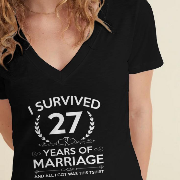 27Th Wedding Anniversary Gifts Couples Husband Wife 27 Years Women's Jersey Short Sleeve Deep V-Neck Tshirt